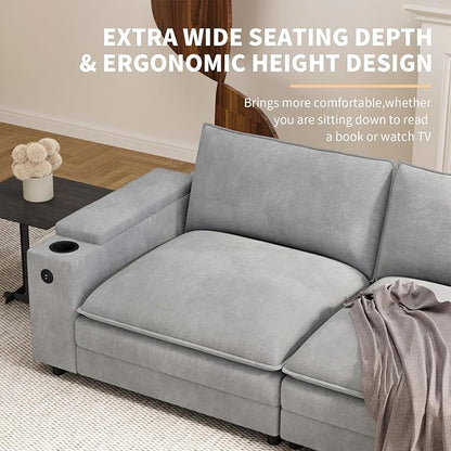 115" U Shaped Cloud Sofa Couch with Ottoman, Storage Armrest, Cup Holders, USB & Type-C Ports, Spring Cushions, Solid Wood Frame, Chenille Modular Sectional for Living Room (Light gray-U-115.2")