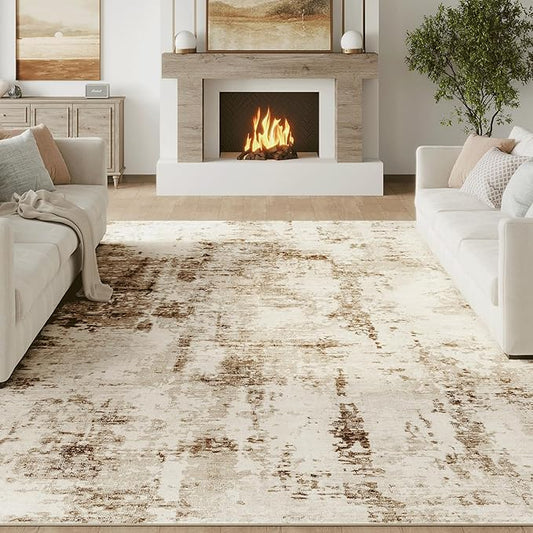 FMFUNCTEX 9x12 Washable Abstract Area Rug Brown Beige Neutral Modern Large Non Slip Carpet for Living Room Bedroom Soft Accent Low Pile Indoor Mat Accent Throw Rug for Dining Kitchen Office Nursery