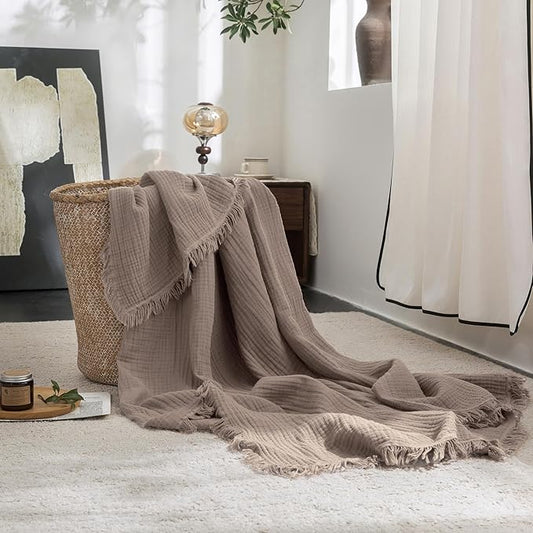 FOSSA Muslin Blanket with Fringe - 4-Layer 100% Cotton Gauze Super Soft & Breathable Throw -Lightweight Decorative Cooling Blanket for Bed, Sofa, Office (Pale Brown, Throw XL (50" × 70"))