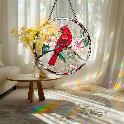 Bimkole Red Bird Sun Catchers Indoor Window - Flowers Acrylic Suncatcher Hanging Decoration for Living Room Bedroom Summer Home Balcony Outdoor Garden Ornaments Decoration 7.8x7.8 Inch