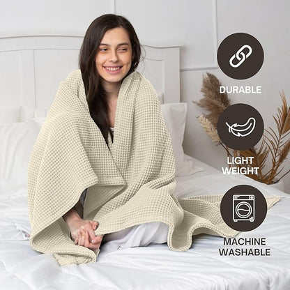 100% Cotton Waffle Blankets for Bed - King (104" x 90") Lightweight, Breathable and Soft, Waffle Weave Blanket for All-Season - Summer, Spring, Winter (Beige)
