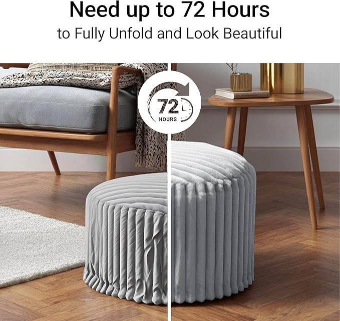 Luxury Round Stuffed Floor Poufs Ottoman, Stripe Faux Fur Footrest with Dual Layer Comfort, Removable Washable Cover, 20"x15" Plush Pouf Shaggy Stool for Living Room Bedroom, Gray