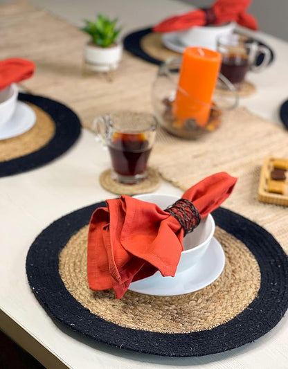 Chardin home Round Verona Woven Jute & Cotton Braided PLACEMAT (Set of 4), Size -15” Round, Color - Natural Jute with Black Border.