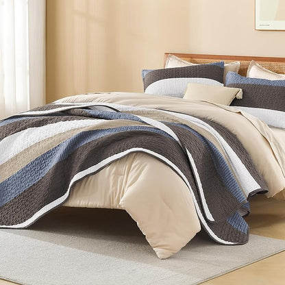 Litanika Quilt Queen Size BluC, Stripe Patchwork Summer Bedspread Coverlet 3 Pieces, Soft Lightweight Microfiber Quilted Bedding Set for All Season(1 Quilt, 2 Pillowcases)