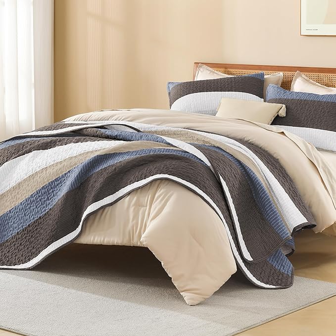 Litanika Quilt King Size BluC, Stripe Patchwork Summer Bedspread Coverlet 3 Pieces, Soft Lightweight Microfiber Quilted Bedding Set for All Season(1 Quilt, 2 Pillowcases)