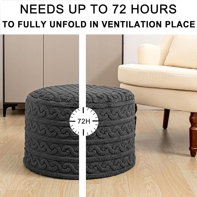 Round Plush Ottoman Pouf Stuffed– Fluffy Ottoman Foot Rest with Modern Foam Filler 20" x 14" Cozy Floor Pouf for Living Room & Bedroom (Gray)