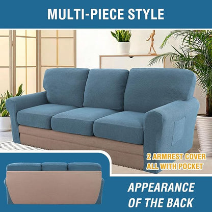 H.VERSAILTEX Multi-Pieces Sofa Covers Stretch Couch Covers Form Fitted Seats and Back Cushions Covers (3 Seat Covers Plus 3 Back Cusion Covers, Bonus 2 Armrest Covers), Dusty Blue