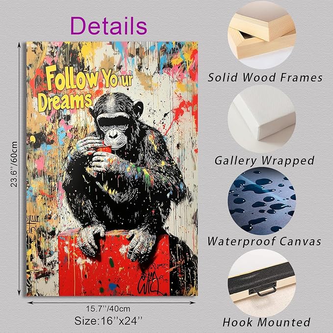 Ypxzzj Banksy Street Graffiti Monkey Canvas Wall Art for Living Room,Follow Your Dreams Animal Picture Prints Canvas Artworks,Doodle Monkey for Wall Decor Framed Ready to Hang