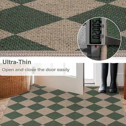 Easy Jute Checkered Runner Rug, 2x6 Green Modern Washable Rugs Runner for Hallway Non-Slip Long Kitchen Rug, Geometric Diamond Indoor Outdoor Carpet for Porch Laundry Entryway
