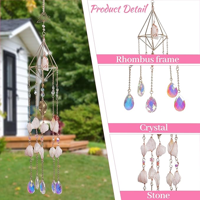 Rose Quartz Crystal Window Suncatcher, Healing Rose Quartz Crystal Decor for Home Garden, Gift for Christmas Birthday Valentine Mothers Day to Lover Parents Friends
