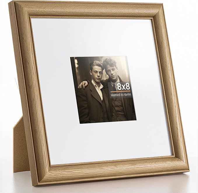 Heimlove 8x8 Picture Frame,8 x 8 Solid White Oak Square Photo Frame with Tempered Glass,8"x8" Handcrafted Wood Frame Matted to 4x4 Photos for Wall or Tabletop Art Photo and Prints,1 Pack