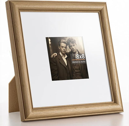 Heimlove 8x8 Picture Frame,8 x 8 Solid White Oak Square Photo Frame with Tempered Glass,8"x8" Handcrafted Wood Frame Matted to 4x4 Photos for Wall or Tabletop Art Photo and Prints,1 Pack