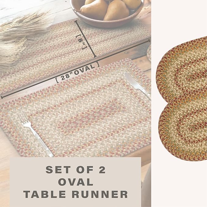 Homespice Harvest Jute Braided Table Runner, Warm Country Decor, Set of 2, Multicolor Oval 8x28 - Also Ideal as Stair Treads - Rich Colors, Easy to Clean, Durable and Protects Furniture