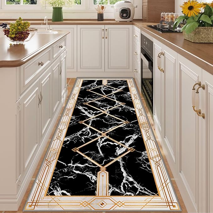 Abstract Marble Texture Throw Carpet Runner for Entrance, 3.3x7ft, Luxury Gold Geometric Line Bedroom Rug, Dirty Resistant Absorbent Bathroom Decor Washable Area Carpet for Office