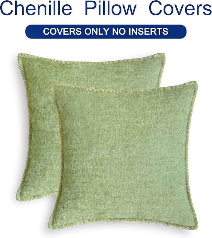 CaliTime Throw Pillow Covers Decorative 26 X 26 Inches Pack of 2 Cotton Thread Stitching Edges Solid Dyed Soft Chenille Cushion Cases for Couch Sofa Bed Living Room Farmhouse Sage Green