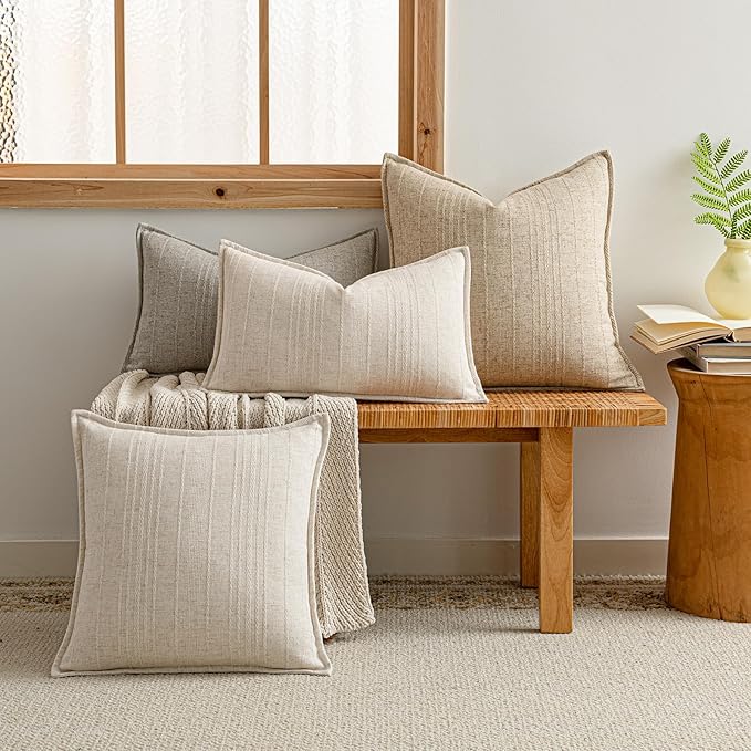 a moment Linen Pillow Covers Set of 2,Boho Farmhouse Throw Pillowcases Neutral Textured Decorative Covers for Couch Sofa,Soft Linen Blend Accent Case Cushion Living Room Home Decor 22"x22"Ivory
