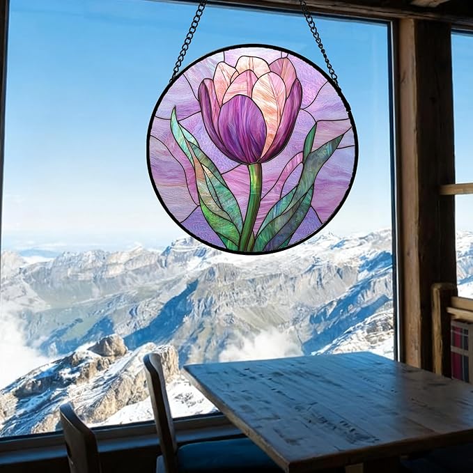 DASTOLL Stained Glass Window Hanging Purple Tulips Flower Large 11.8" - Suncatcher Door Garden Sun Catcher Home Decor Birthday Mother's Day for Mom Men Woman Parents Her Nana Friend