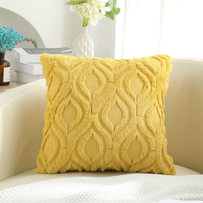 decorUhome Spring Euro Sham Throw Pillow Covers 22x22 Inch Set of 2, Soft Plush Faux Wool Mustard Yellow Solid Couch Pillow Covers, Accent Farmhouse Neutral Square Pillow Cases for Sofa Living Room