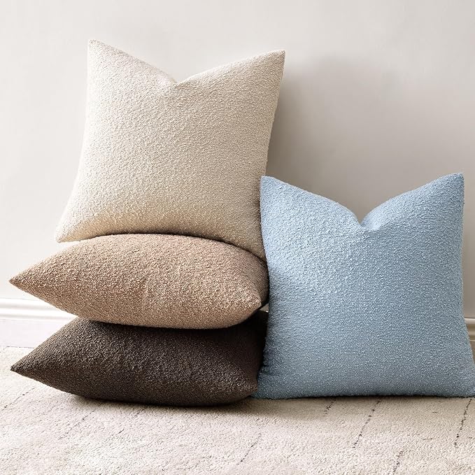 Woaboy Pack of 2 18x18 Inch Decorative Boucle Throw Pillow Covers Textured Square Pillowcaes Accent Solid Cozy Soft Cushion Covers Home Decor for Sofa Couch Living Room Home Decor,Coastal Light Blue