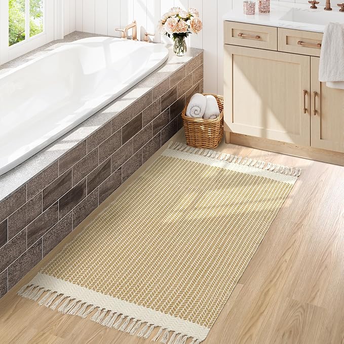 Lahome Boho Rugs for Bedroom, 3x5 Bathroom Rug Lightweight Farmhouse Woven Area Rug with Tassels, Throw Rugs Washable Kitchen Rug Non Shedding Indoor Door Mats for Entryway Living Room, Khaki
