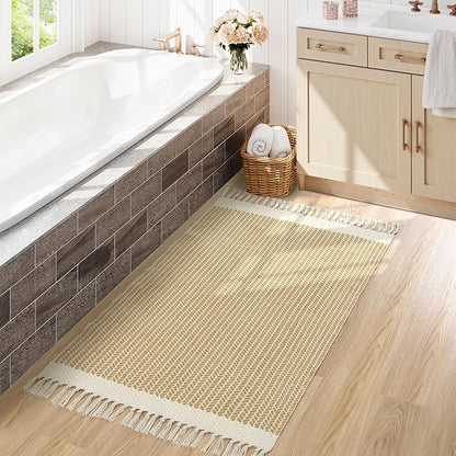 Lahome Boho Rugs for Bedroom, 3x5 Bathroom Rug Lightweight Farmhouse Woven Area Rug with Tassels, Throw Rugs Washable Kitchen Rug Non Shedding Indoor Door Mats for Entryway Living Room, Khaki