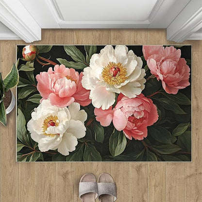 Rustic Flowers Washable Area Rug 4x6, Peony Soft Rugs for Living Room Petals Carpet Area Rugs for Bedroom Dining Room Non-Slip Stain Resistant Rug
