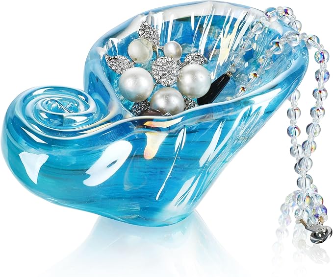 QFkris Glass Conch Shape Jewelry Tray, 5" Blue Shell Trinket Dish Glass Ring Earring Holder Ocean-Themed Decorative Trinket Plate for Rings Earrings Necklaces Jewelry Keys Christmas Gift for Women