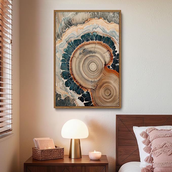 IBHJSART Framed Tree Ring Canvas Wall Art Vintage Colorful Wood Stump Painting Prints Modern Minimalist Pictures Neutral Nature Rustic Farmhouse Decor Living Room Bedroom Bathroom Office