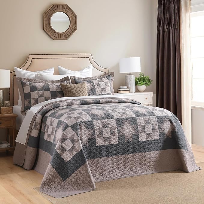 SahSahCasa 100% Cotton 120"x120" Oversized California King Bedspread Coverlet Quilt Set, Cal King Quilted Bedspread Extra Large Reversible XL Bed Spread Lightweight Comforter, Brown/Black/Taupe