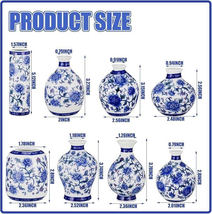 Dandat 8 Pcs Mini Chinoiserie Bud Vases Ceramic Blue and White Floral Chinese Porcelain Vase Set for Shelf Table Centerpieces Home Decor(Vintage)