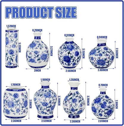 Dandat 8 Pcs Mini Chinoiserie Bud Vases Ceramic Blue and White Floral Chinese Porcelain Vase Set for Shelf Table Centerpieces Home Decor(Vintage)