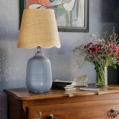 Pia Ricco 19" Modern Ceramic Table Lamp for Living Room Gray Bule Base Desk Lamps for Bedroom Farmhouse Bedside Nightstand Lamp End Table Lamps,Bule,Rattan Shade