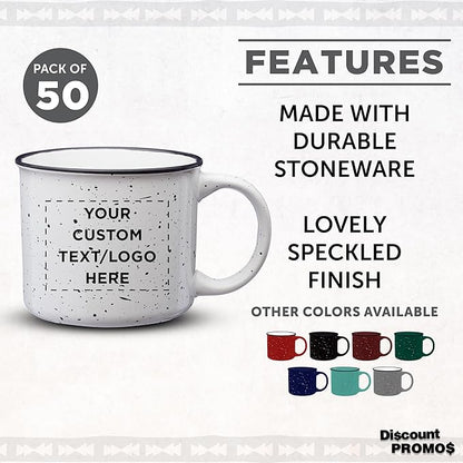 DISCOUNT PROMOS Custom Ceramic Campfire Coffee Mugs 13 oz. Set of 50, Personalized Bulk Pack - Perfect for Tea, Espresso, Cappuccino, Hot Cocoa - White