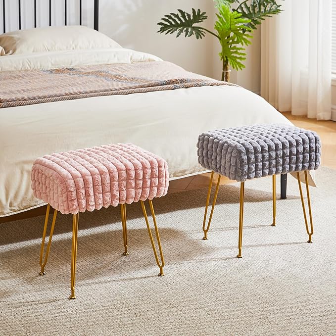 IBUYKE Rectangular Footrest Stool Ottoman, Makeup Vanity Stool Side Table, Velvet Dressing Table Seat, Footstool Chair, Golden Steel Legs, for Makeup Room, Bedroom, Square Grid Pattern, Pink WBD003P