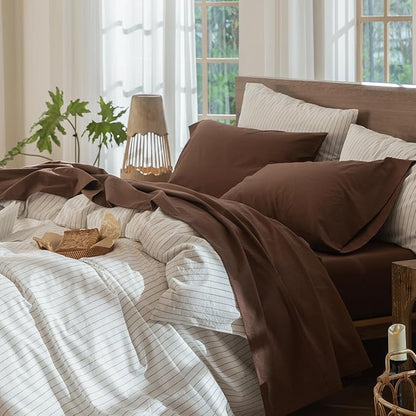 MooMee Bedding Sheet Set 100% Washed Cotton Linen Like Textured Breathable Durable Soft Comfy (Solid Cocoa Brown, California King)