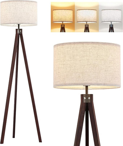 ELYONA Wood Tripod Floor Lamp with 3 Color Temperatures Bulb, Mid Century Modern Reading Standing Light, Farmhouse Floor Light Linen Shade for Living Room Bedroom Office, Walnut, 9W LED Bulb Include