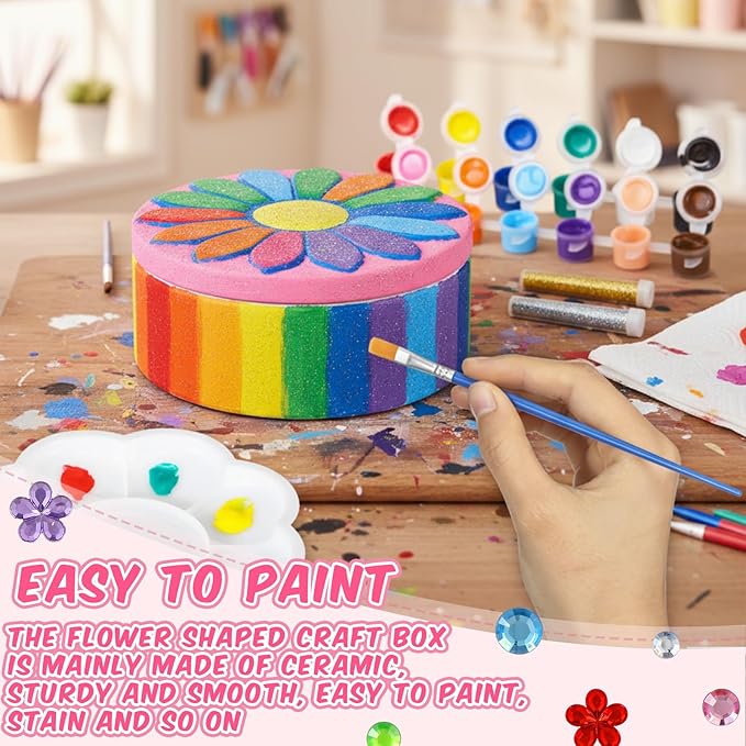 Teenyyou 15 Pcs 6 Sets Paint Your Own Ceramic Jewelry Box Painting DIY Craft Set Unfinished Dasiy Treasure Box with 2 Strips of Paints 2 Brushes 1 Palette 2 Diamond Stickers 2 Glitters