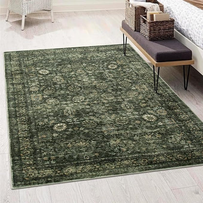 Morebes Washable Green Area Rugs 4x6, Vintage Boho Rugs for Bedroom, Soft Distressed Indoor Floor Non-Slip Non-Shedding Living Room Throw Carpet for Kitchen Dining Playroom Entryway Christmas Decor