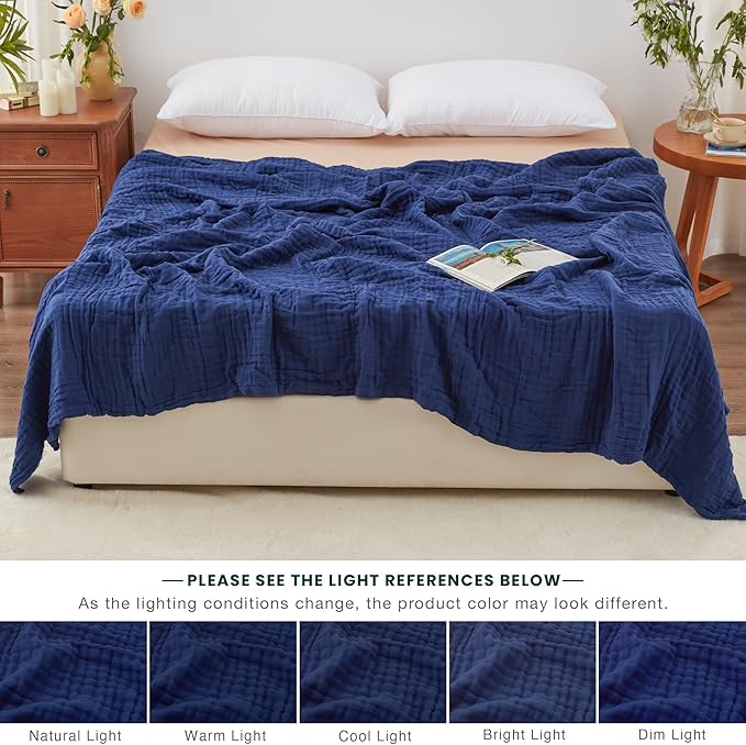 Love's cabin 6 Layer 100% Cotton Muslin Blanket, 90"x90" Muslin Blanket Queen for Couch Bed, Lightweight and Breathable Cotton Gauze for Adult, Navy Blue