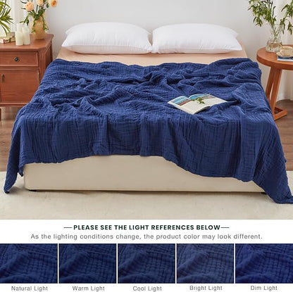 Love's cabin 6 Layer 100% Cotton Muslin Blanket, 90"x90" Muslin Blanket Queen for Couch Bed, Lightweight and Breathable Cotton Gauze for Adult, Navy Blue