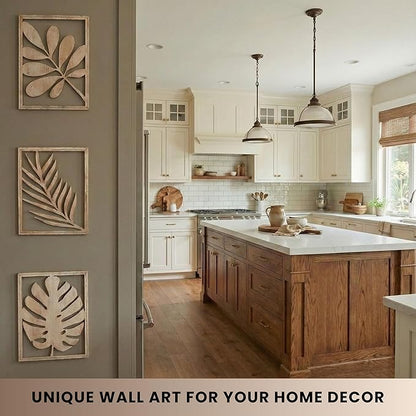 qmmp Modern Wooden Wall Sculptures - Set of 3 - Home Decor Accent - Large Wall Art for Living Room, Bedroom, Office - Easy Installation (Oak, Medium - Tree Leaves)