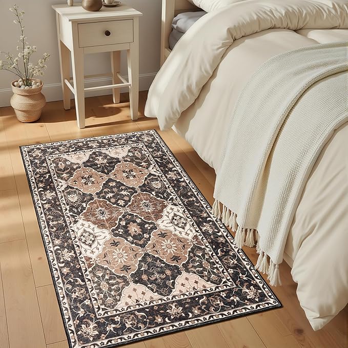 Lessymo Large Entryway Rug 3x5, Moroccan Washable Area Rugs for Large Kitchen, Bedroom Bedside, Living Room, Non Slip Low Pile Carpet with Rubber Backing Non Slip, Taupe and Beige