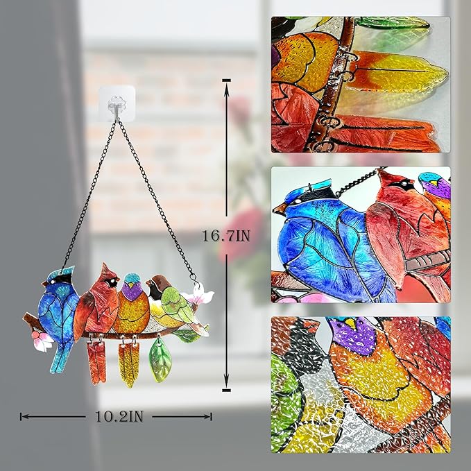 DASTOLL Stained Glass Window Hanging - Hummingbird on Branch Suncatcher Hand-Painted Double Side Stain Glass Cardinal Gifts Sun Catcher for Windows Doors Room Outdoor Home Decoration