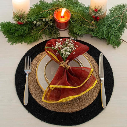 Chardin home Round Verona Woven Jute & Cotton Braided PLACEMAT (Set of 4), Size -15” Round, Color - Natural Jute with Black Border.