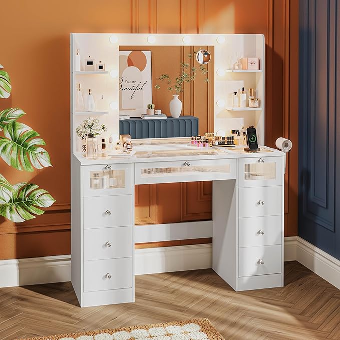 Makeup Vanity Desk with LED Lights and Large 23.5’’ Mirror, 9 Drawers Vanity with Glass Top & 3 Color Hollywood Bulbs, Make Up Vanity with Charging Station & Crystal Knobs for Woman, White