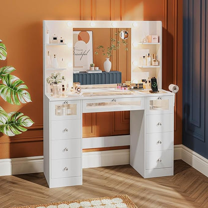 Makeup Vanity Desk with LED Lights and Large 23.5’’ Mirror, 9 Drawers Vanity with Glass Top & 3 Color Hollywood Bulbs, Make Up Vanity with Charging Station & Crystal Knobs for Woman, White