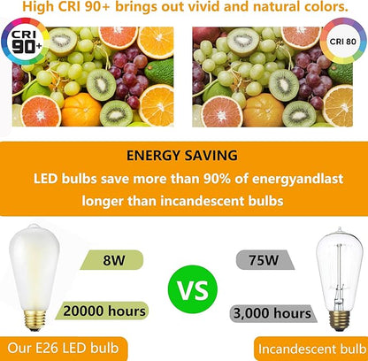 E26 Frosted LED Edison Bulbs, Soft White 3000K,8W Equivalent 75W,850LM,AC120V, ST58 Vintage Edison Bulbs,Dimmable Antique LED Filament Bulbs, Pack of 6