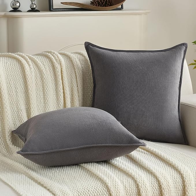 FUTEI Dark Grey Chenille Throw Pillow Covers 12x20 Inch Set of 2,Edges Double-Stitched Lumbar Pillow Cases,Modern Home Decor for Couch Living Room