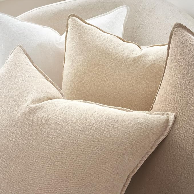 Neutral Pack of 4 Solid Linen Pillow Covers Decorative Modern Press Edge Design Throw Pillow Covers Soft Accent Boho Couch Pillowcases Farmhouse for Living Room Bed Sofa 16x16 Inch