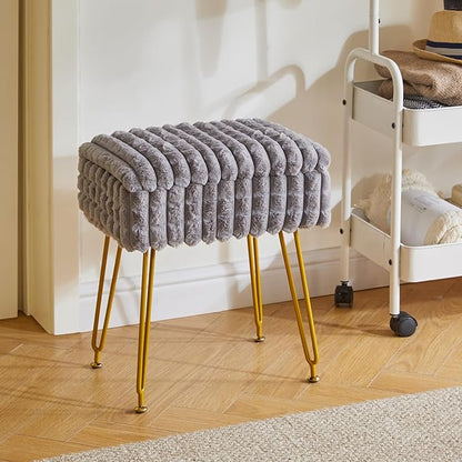 IBUYKE Rectangle Vanity Chair with Storage Space, Footrest Footstool Ottoman, Vanity Stool, Dressing Table Chair, with Anti-Slip Feet, for Makeup Room, Bedroom, Square Grid Pattern, Grey WBD004G